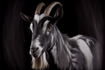 Portrait of a goat on a black background. generative ai