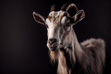 Fototapeta premium Portrait of a goat on a black background. generative ai