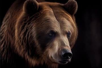 Portrait of a brown bear on a black background. generative ai