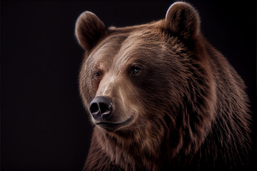Fototapeta premium Portrait of a brown bear on a black background. generative ai