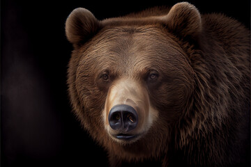 Plakat Portrait of a brown bear on a black background. generative ai