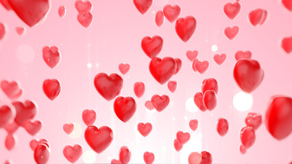 Valentine day background with red hearts and particles for wedding or love concept.