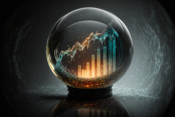 Stock market chart in a crystal ball, illustration, mystery dark background, light reflections and effects, created with generative AI technology - obrazy, fototapety, plakaty