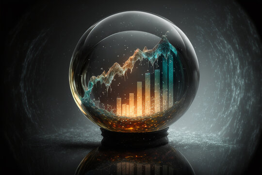 Stock market chart in a crystal ball, illustration, mystery dark background, light reflections and effects, created with generative AI technology
