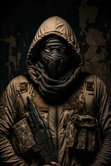 Masked Terrorist portrait with assault rifle. Generative AI.