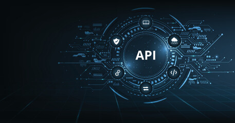 Application Programming Interface (API) design. Software development tool, information technology, modern technology, internet and networking concept on dark blue background.