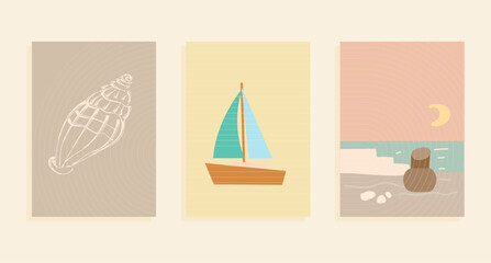 mid-century modern wallpaper set with sea landscape, shells, yacht