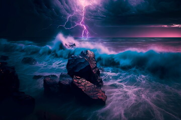 Beautiful  lightning storm in the ocean Generative AI