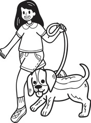 Hand Drawn Beagle Dog walking with owner illustration in doodle style