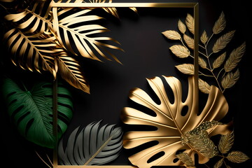 Luxury golden frame with tropical leaves empty space for text.. Generative AI