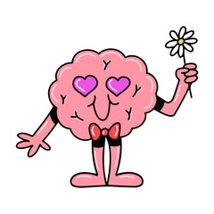 Brain emotion vector cartoon character cute face hold flower gift girlfriend hears eyes affection valentine day isolated on white background