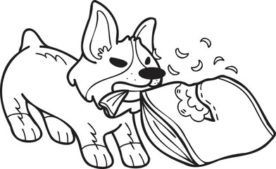 Hand Drawn Corgi Dog biting pillow illustration in doodle style