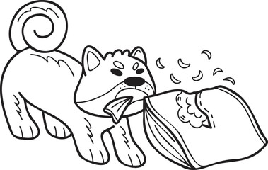 Hand Drawn Shiba Inu Dog biting pillow illustration in doodle style