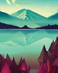 Blue-Green mountains and lake. Landscape with mountains. Vector illustration. - Art Deco Illustration