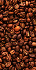 Coffee beans, food background and texture from freshly roasted arabica coffee beans, top view vertical banner