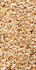 Raw organic oatmeal, food background texture, top view vertical banner