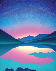 Flamy pink sunset over a lake with mountains in the background. Vector illustration. - Art Deco Illustration