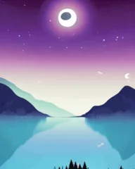 Wandcirkels tuinposter Beautiful landscape with lake and mountains in the night, vector illustration - Art Deco Illustration © BlueMarble-SweetPalm