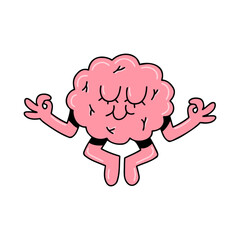Brain emotion vector cartoon character cute face meditate lotus pose fly levitate peaceful mind calm focused isolated on white background