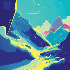 Vector illustration of a bright pathway mountain landscape in the style of pop art. - Colorful Stylistic Art