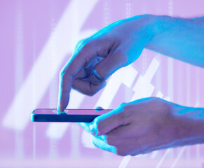 Futuristic, fingerprint and hands of man with phone pressing to unlock. Biometric, finger scanning...