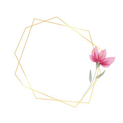 Golden geometric frame with flower in watercolor style. Luxury polygonal frame for decoration valentine's day, wedding invitations, greeting cards. Png on transparent background, vector illustration