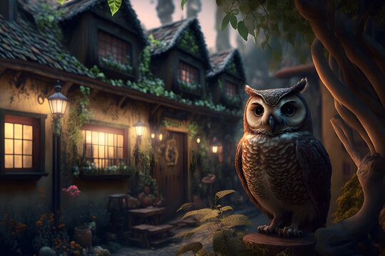 Owl guards fairy tale house in forest, the home of hobbits and forest elves. Light in the windows of the hut, owl close-up on the background of a magical village