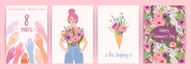 Fototapeta na wymiar Cards with cute female illustrations. Vector set for Happy Womens Day, 8 march and other