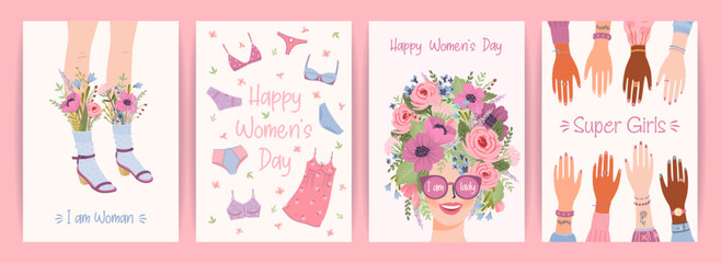 Cards with cute female illustrations. Vector set for Happy Womens Day, 8 march and other