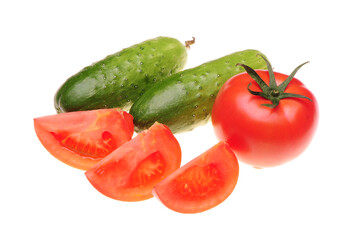 Tomatoes and cucumbers on white background