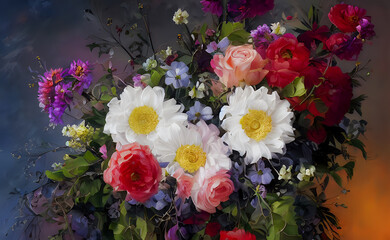Beautiful bouquet of fresh flowers, scarlet roses and white daisies