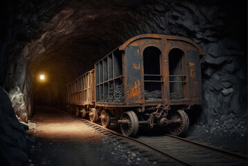 Plakat Old rusty wagon for an underground mine, generative ai