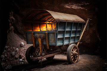 Obraz premium Old rusty wagon for an underground mine, generative ai