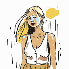 Young blonde woman in the rain. Vector illustration. She is unhappy and sad for this bad weather.