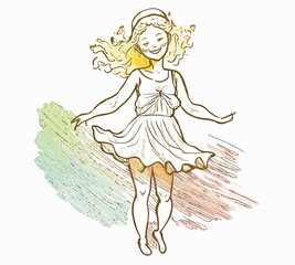 A jubilant blonde girl in a skirt stands isolated, smiling joyfully. Impeccable vector illustration perfect for evoking positive feelings and creative projects.