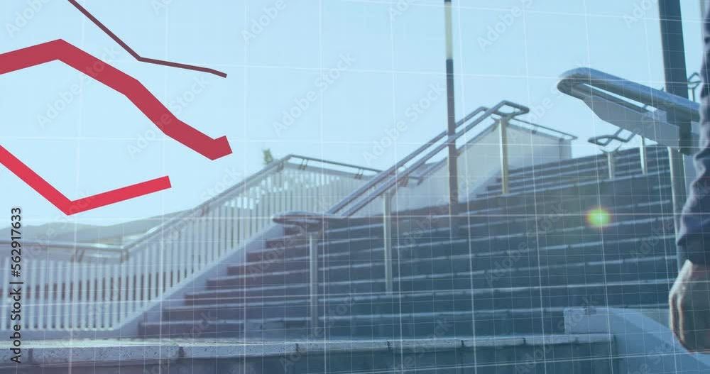 Poster animation of statistical data processing over rear view of man climbing the stairs at corporate park