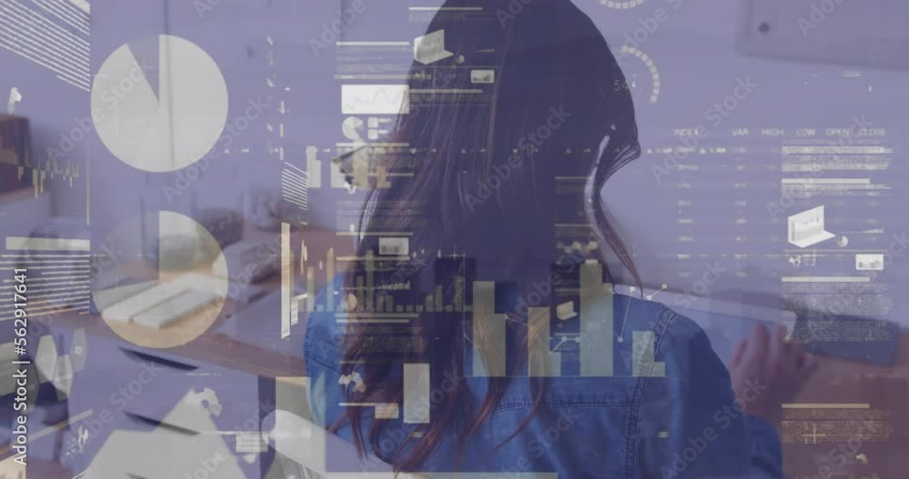 Poster animation of statistical data processing against rear view of woman using digital tablet at office