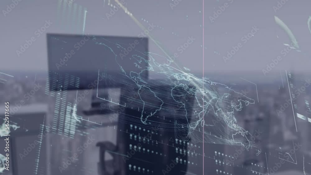 Poster Animation of interface with data processing over world map against aerial view of cityscape