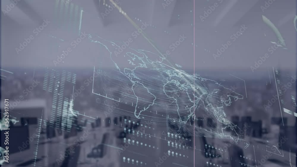 Poster animation of interface with data processing over world map against aerial view of cityscape