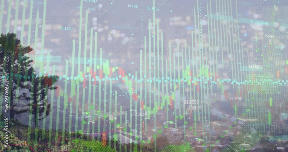 Poster animation of financial and statistical data processing against aerial view of cityscape