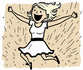 Joyful woman celebrates triumphantly with arms raised and a beaming smile. Positive vibes and joyful emotions.