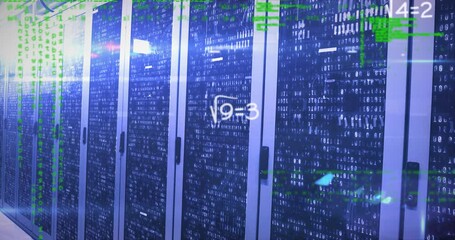 Animation of mathematical equations and data processing against computer server room - Powered by Adobe