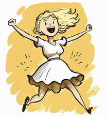 Joyful woman celebrates with a jump and a cry of excitement. Positive emotions and upbeat attitude. Perfect for illustrating success, good news and optimism.