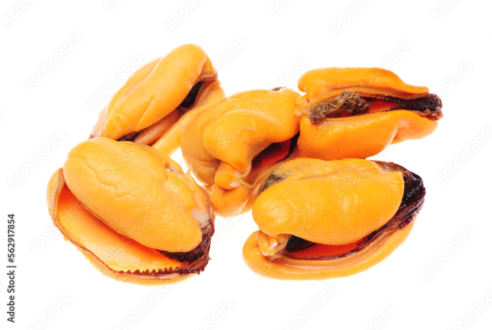 Poster cooked mussels on white background.