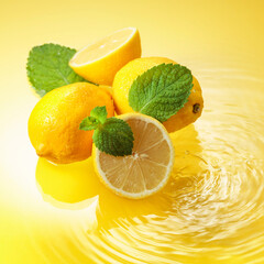 Juicy lemons with mint on a yellow background with water splashes.