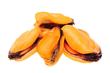  Cooked mussels on white background.
