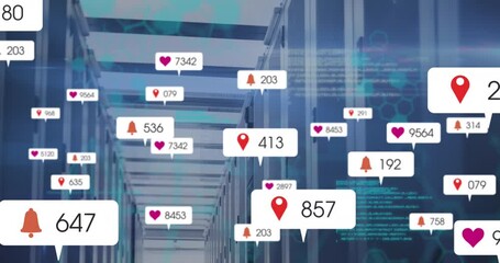 Animation of multiple social media icons and data processing against computer server room - Powered by Adobe