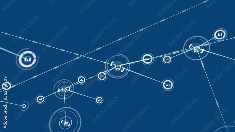 Poster animation of hexagonal shape pattern over network of digital icons against blue background