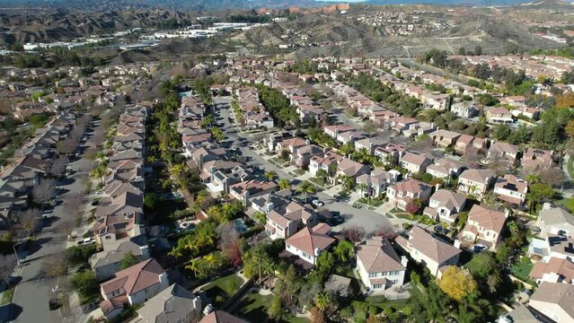 Aerial View of Valencia Upscale Residential Neighborhood, Santa Clarita, Los Angeles California USA, Homes and Streets
