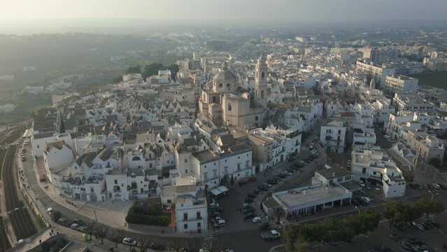 Aerial drone view of the historic town of Locorotondo in the southern Italian province of Apula